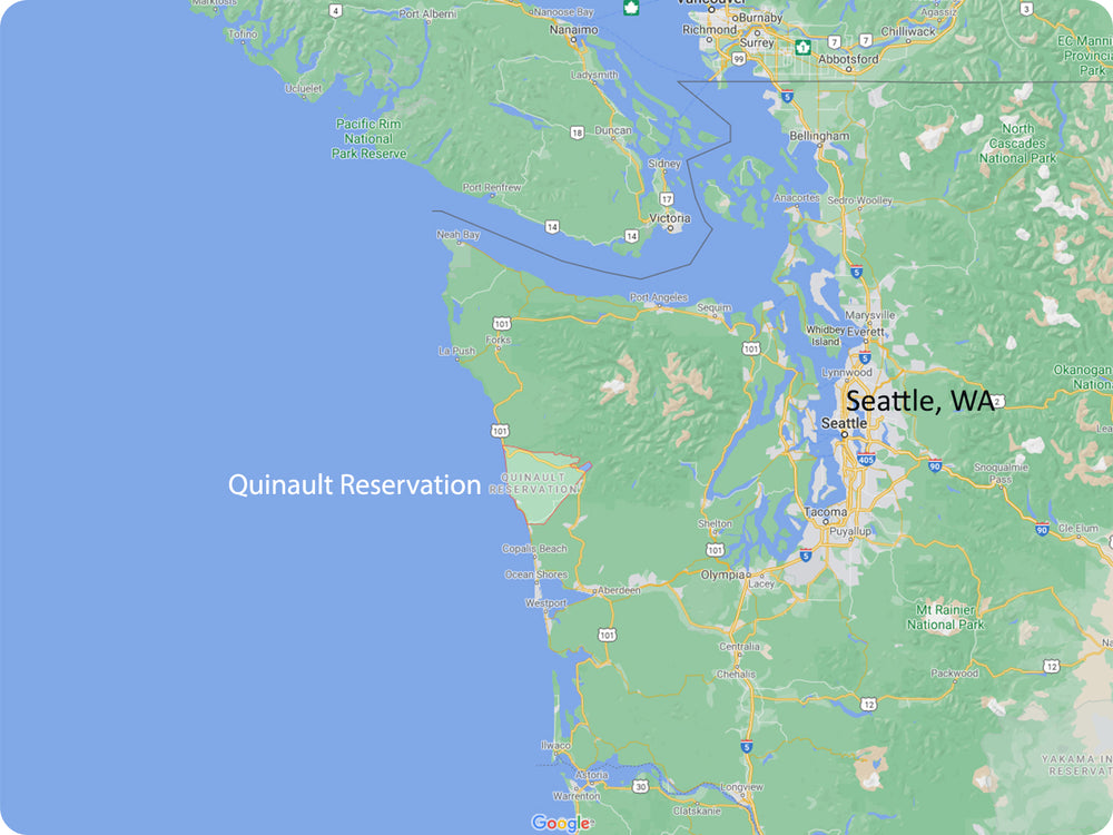 A map of the Washington state coastline and Puget Sound, showing the proximity of Quinault Reservation to Seattle.